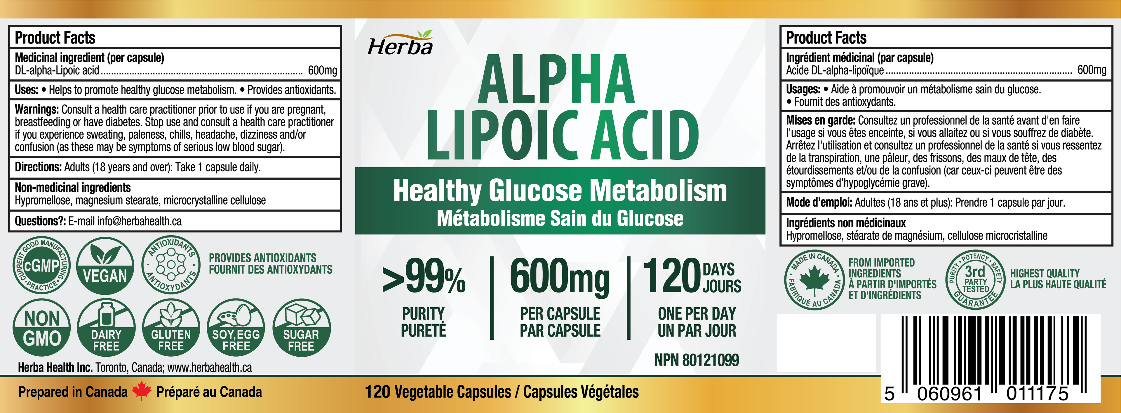 Alpha Lipoic Acid 600mg - 120 Capsules | Made in Canada