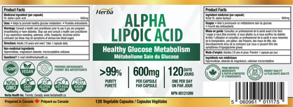 Alpha Lipoic Acid 600mg - 120 Capsules | Made in Canada