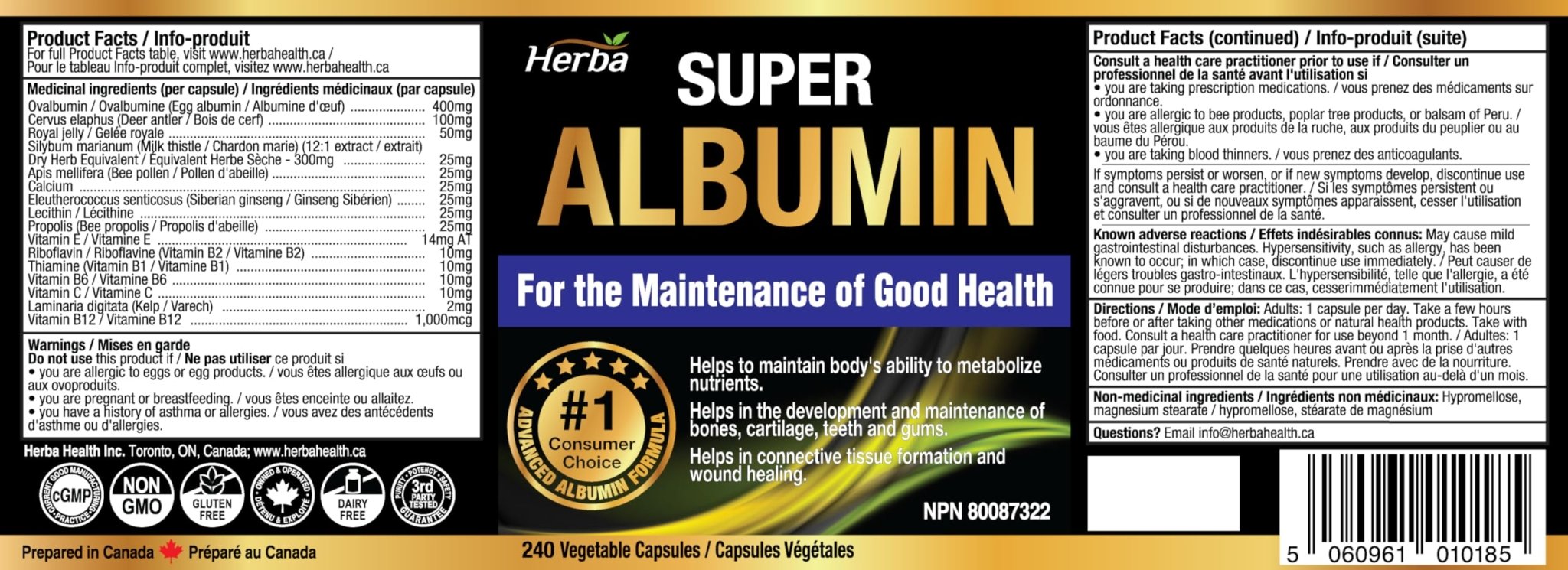 Albumin Protein Supplement – 240 Vegetable Capsules | Albumin Capsules with 16 Ingredients Including Deer Antler &amp; Royal Jelly - Herba