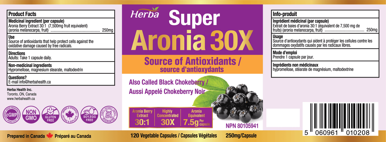 Aronia Berry Extract 250mg – 120 Capsules | 7500mg Fruit Equivalent | 30:1 Aronia Extract Supplement - Herba