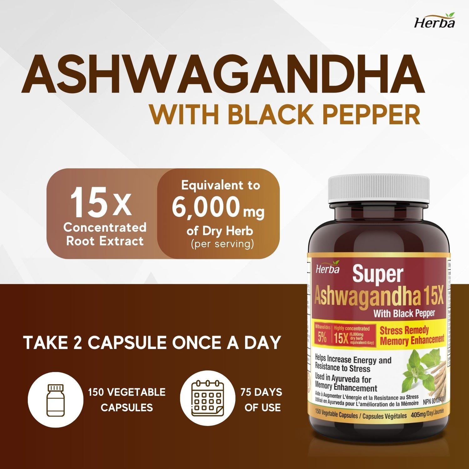 Ashwagandha Supplement - 150 Capsules | Made in Canada | 6000mg Dry Powder Equivalent Per Day - Herba