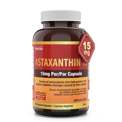 Astaxanthin Supplement 15mg – 60 Vegetable Capsules | Made in Canada - Herba