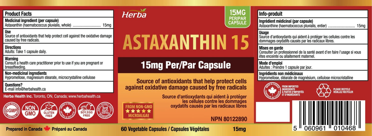 Astaxanthin Supplement 15mg – 60 Vegetable Capsules | Made in Canada - Herba