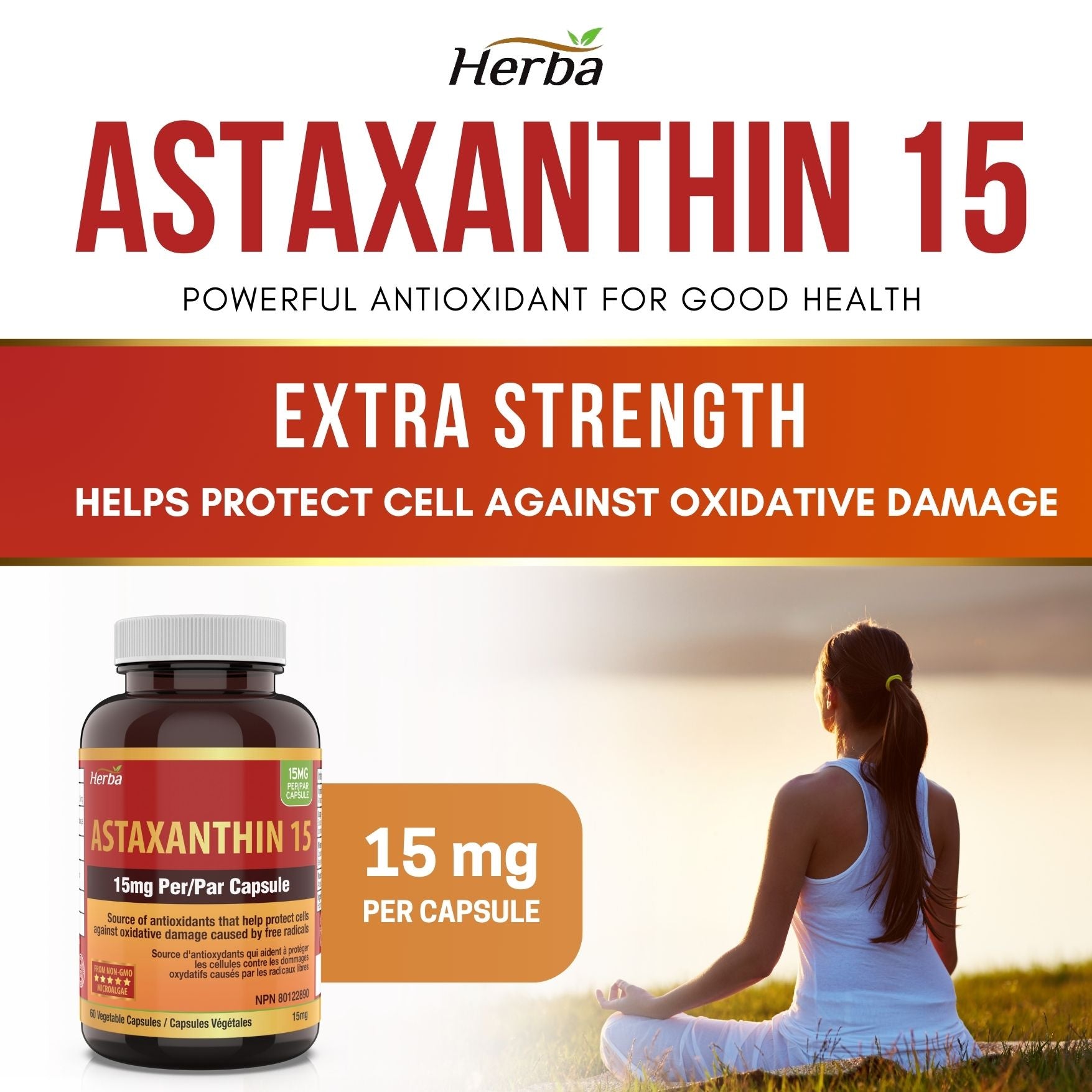 Astaxanthin Supplement 15mg – 60 Vegetable Capsules | Made in Canada - Herba