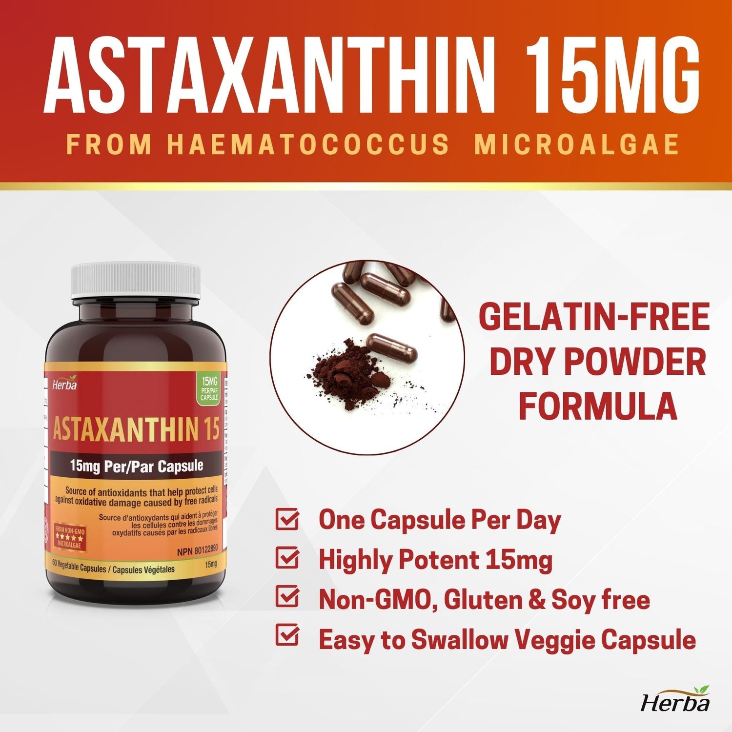 Astaxanthin Supplement 15mg – 60 Vegetable Capsules | Made in Canada - Herba