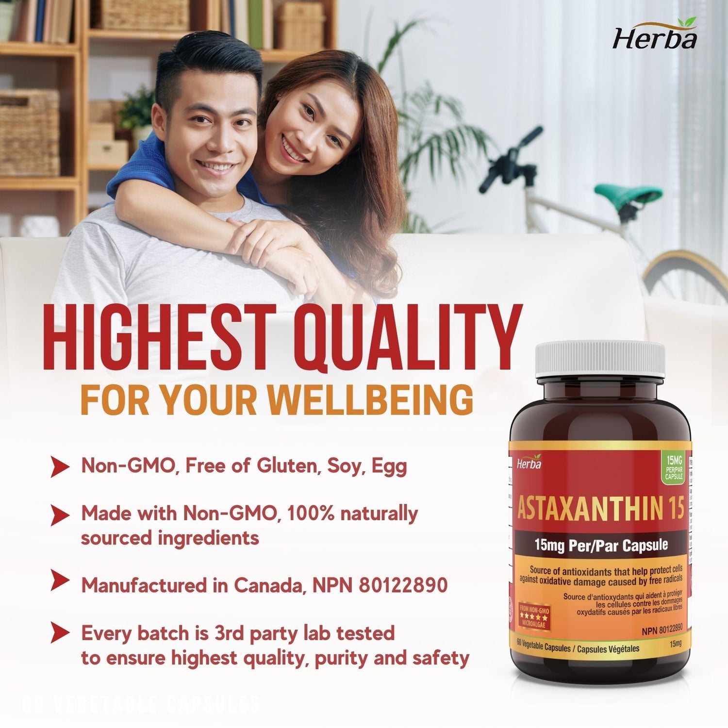 Astaxanthin Supplement 15mg – 60 Vegetable Capsules | Made in Canada - Herba