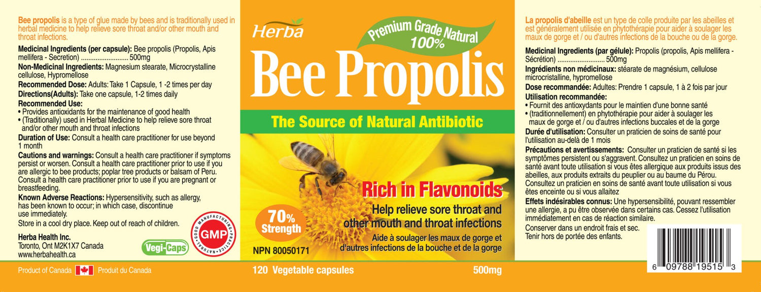 Bee Propolis Capsules 500mg - 120 Capsules - Herba