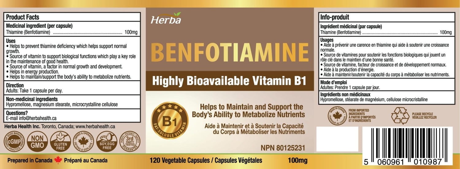 Benfotiamine 100mg - 120 Capsules | Fat Soluble Vitamin B1 | Made in Canada - Herba