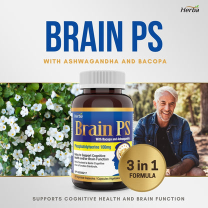 Brain PS - 90 Capsules | Brain Supplement with Phosphatidylserine, Bacopa Monnieri, and Ashwagandha - Herba