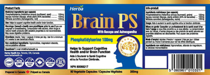 Brain PS - 90 Capsules | Brain Supplement with Phosphatidylserine, Bacopa Monnieri, and Ashwagandha - Herba