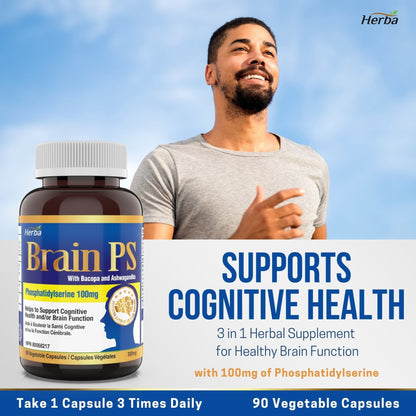 Brain PS - 90 Capsules | Brain Supplement with Phosphatidylserine, Bacopa Monnieri, and Ashwagandha - Herba