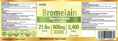 Bromelain Supplement 600mg – 180 Capsules | 2,400 GDU/g Max Potency - Herba