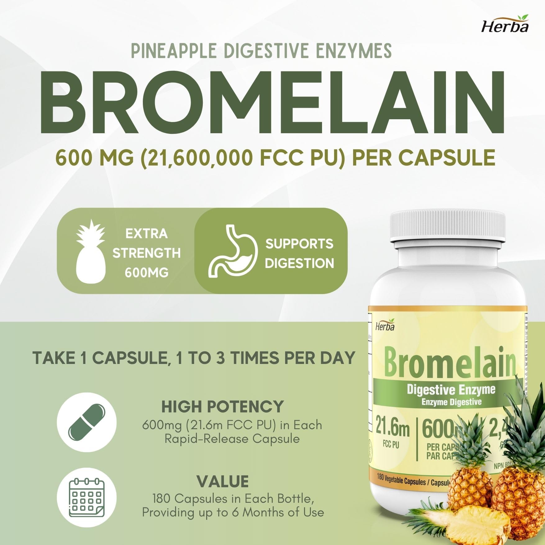 Bromelain Supplement 600mg – 180 Capsules | 2,400 GDU/g Max Potency - Herba