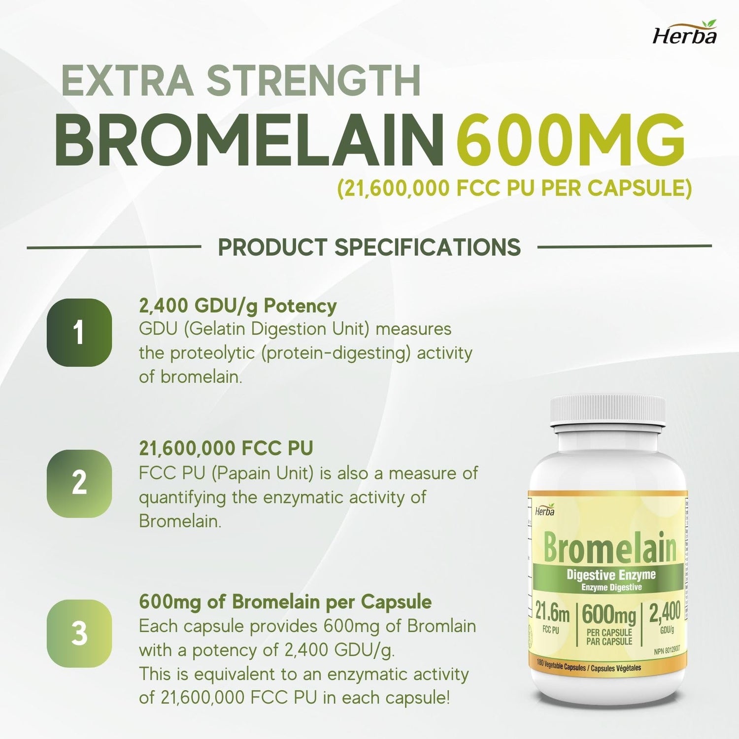 Bromelain Supplement 600mg – 180 Capsules | 2,400 GDU/g Max Potency - Herba