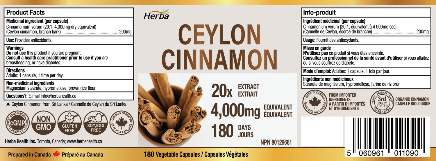 Ceylon Cinnamon Capsules 4000mg - 180 Vegetable Capsules | 20:1 Extract | Made in Canada - Herba