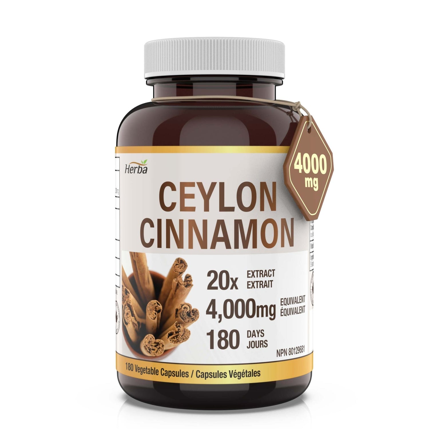 Ceylon Cinnamon Capsules 4000mg - 180 Vegetable Capsules | 20:1 Extract | Made in Canada - Herba