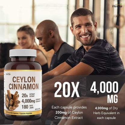 Ceylon Cinnamon Capsules 4000mg - 180 Vegetable Capsules | 20:1 Extract | Made in Canada - Herba