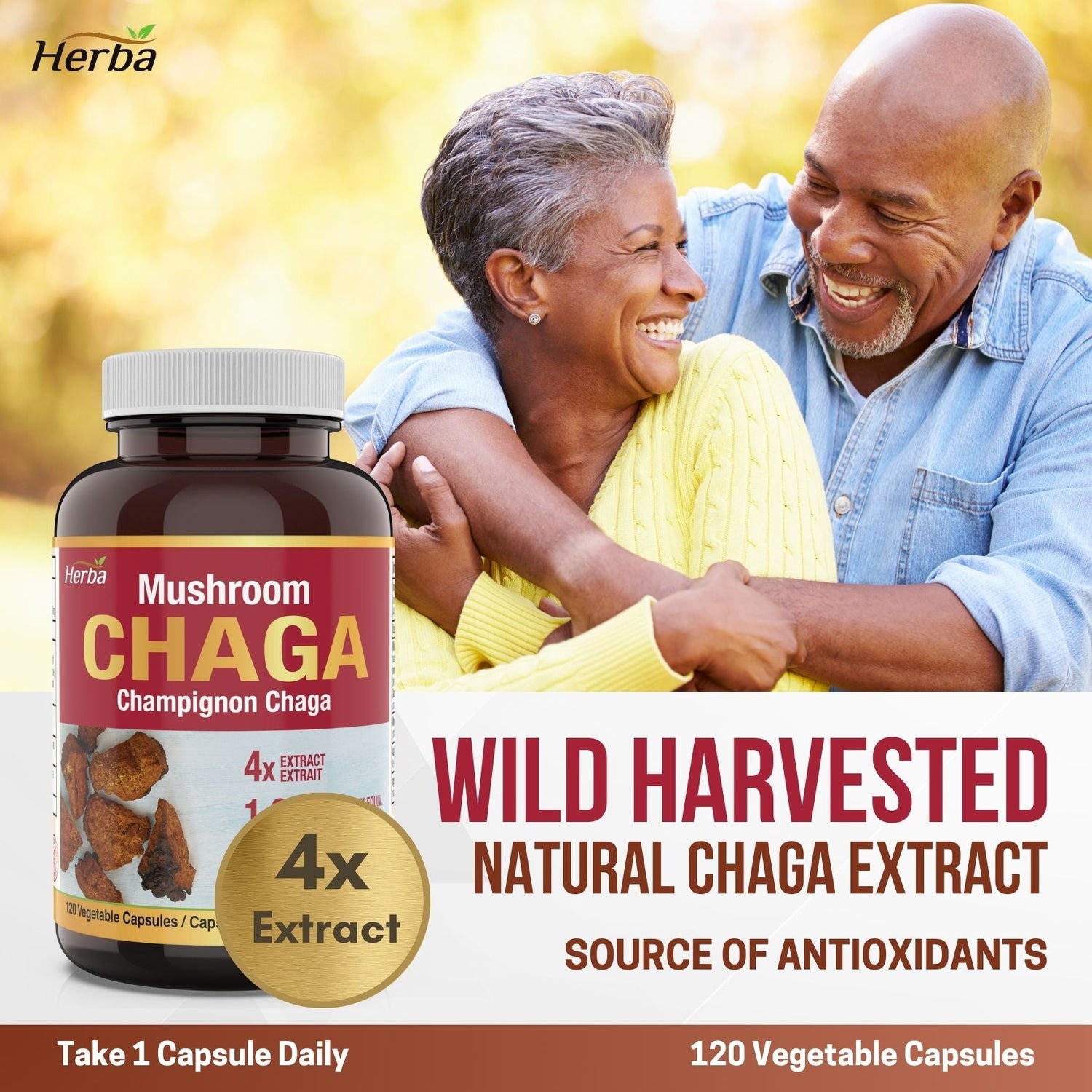 Chaga Mushroom Capsules 400mg - 120 Vegetable Capsules | 4:1 High Concentrate - Herba