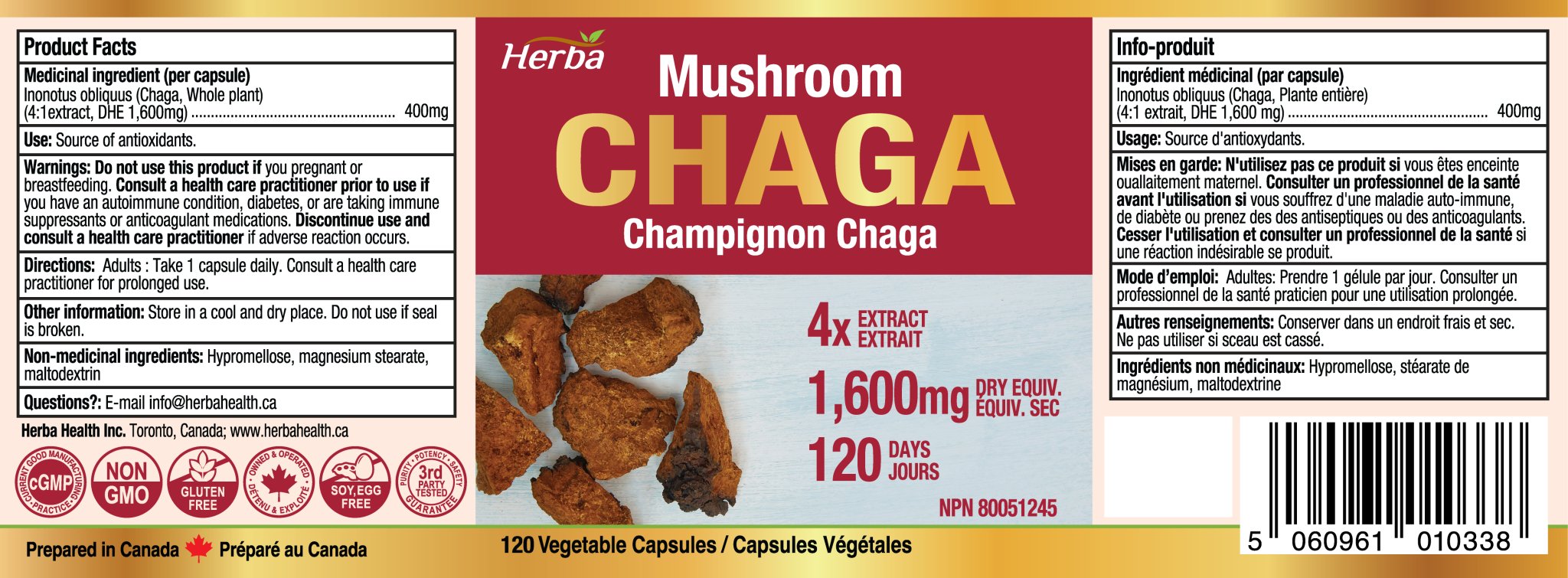 Chaga Mushroom Capsules 400mg - 120 Vegetable Capsules | 4:1 High Concentrate - Herba