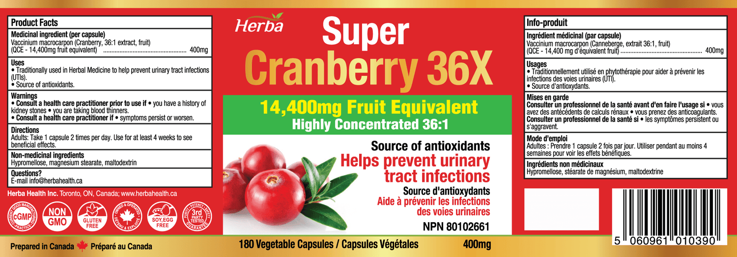 Cranberry Pills for Women and Men – 180 Cranberry Capsules | 28,800mg Per Day | 36:1 Concentration - Herba