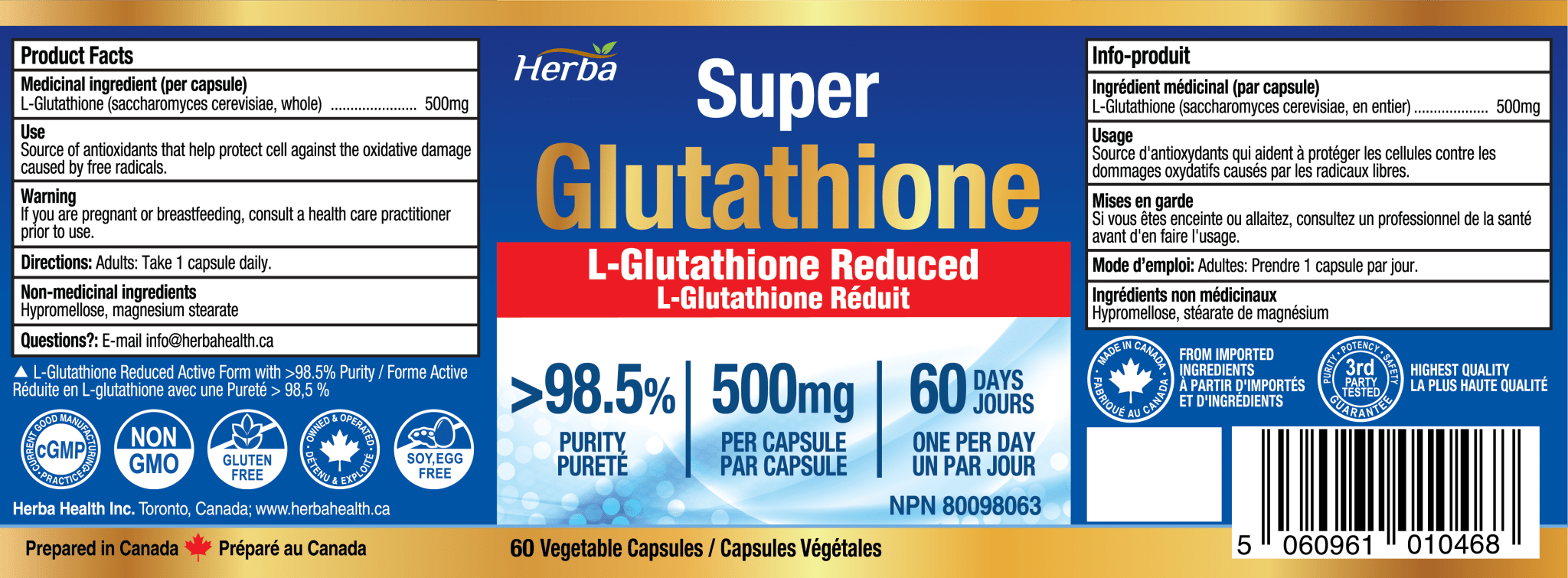 Glutathione Supplements 500mg, 60 Vegetable Capsules - L - Glutathione Reduced Active Form - Herba