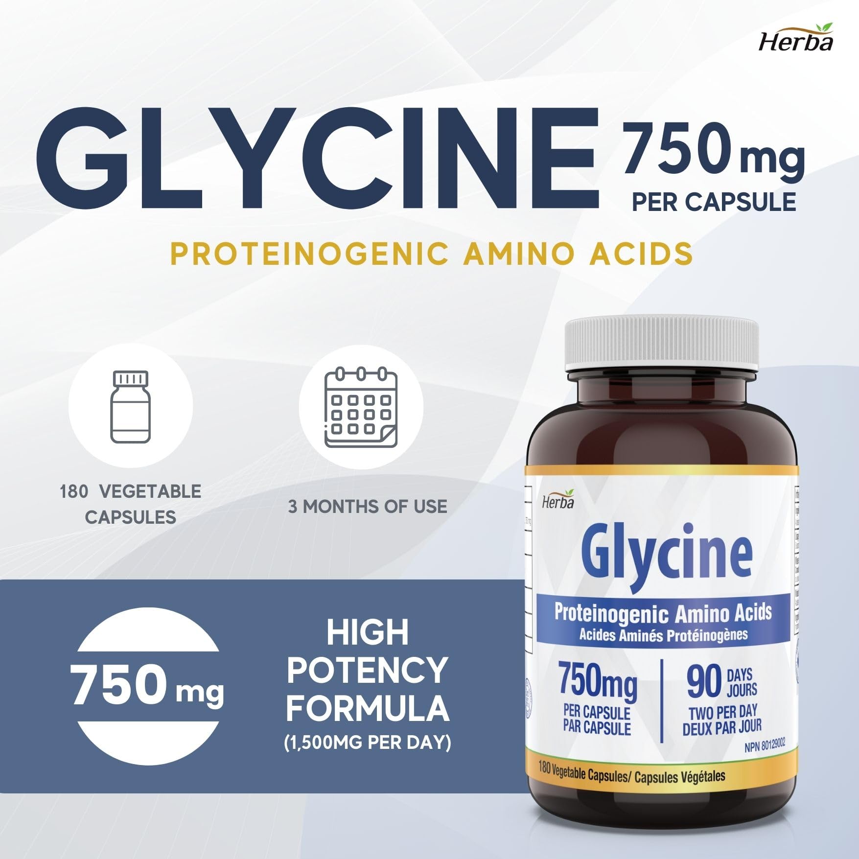 Herba Glycine Supplement 750mg - 180 Capsules - &gt;99% Ultra Pure Glycine Capsules | Made in Canada - Herba