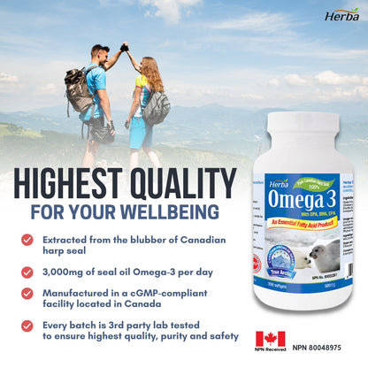 Herba Seal Oil Omega 3 Supplements – 300 Softgels | Made in Canada - Herba