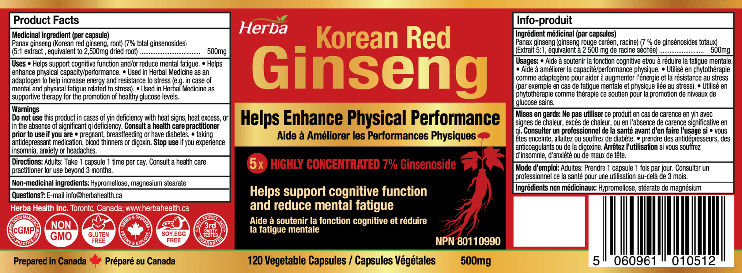 Korean Red Ginseng Extract Capsules – 5:1, 2500mg Equivalent | 120 Vegetable Capsules - Herba