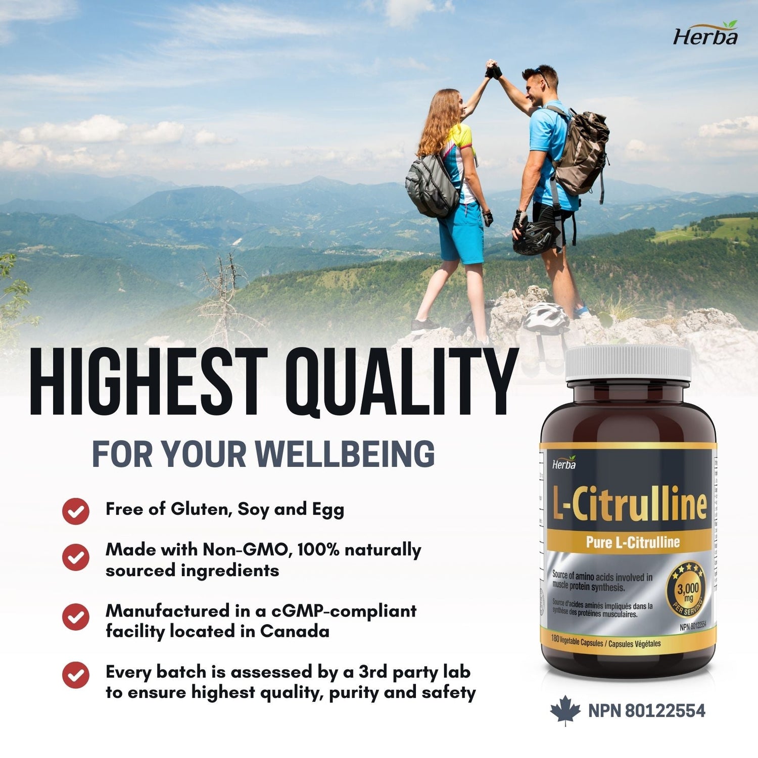 L - Citrulline Supplement 750mg – 180 Vegetable Capsules | Made in Canada - Herba