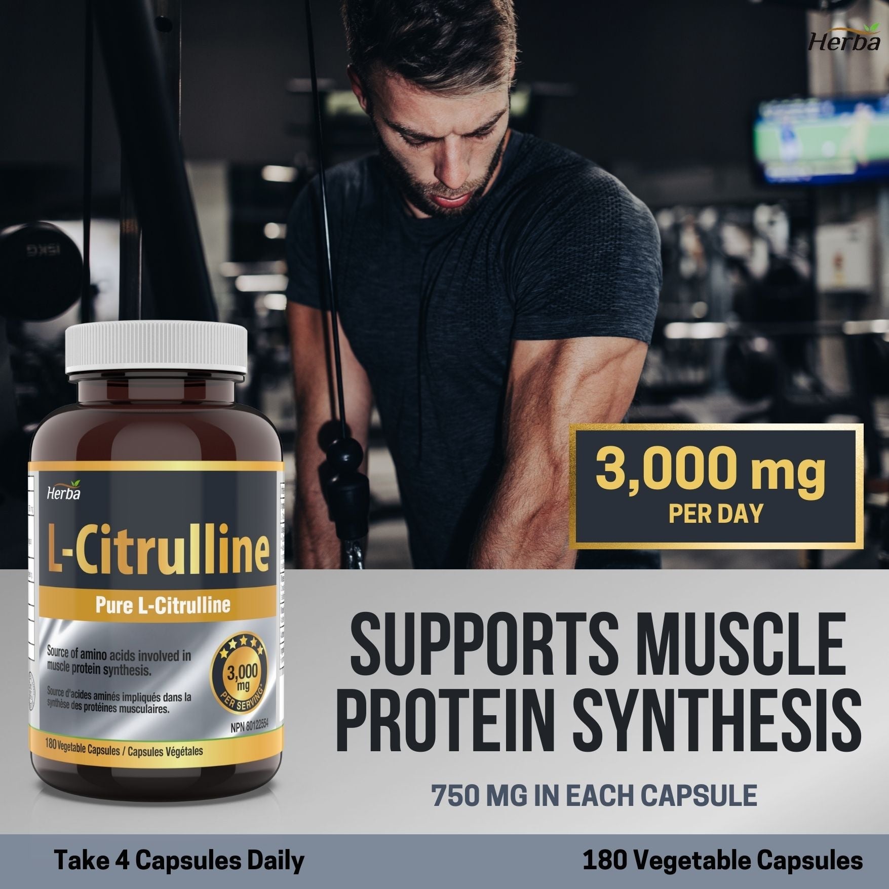 L - Citrulline Supplement 750mg – 180 Vegetable Capsules | Made in Canada - Herba