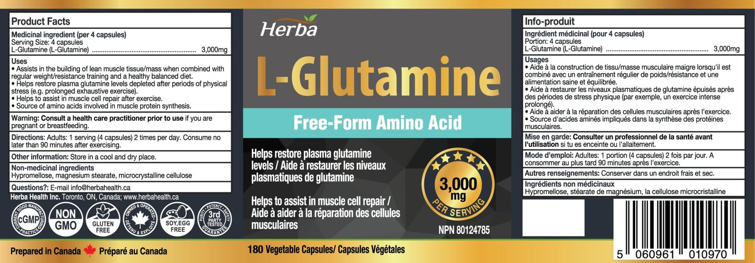 L - Glutamine Capsules 750mg – 180 Vegetable Capsules | 3,000mg Per Serving - Herba