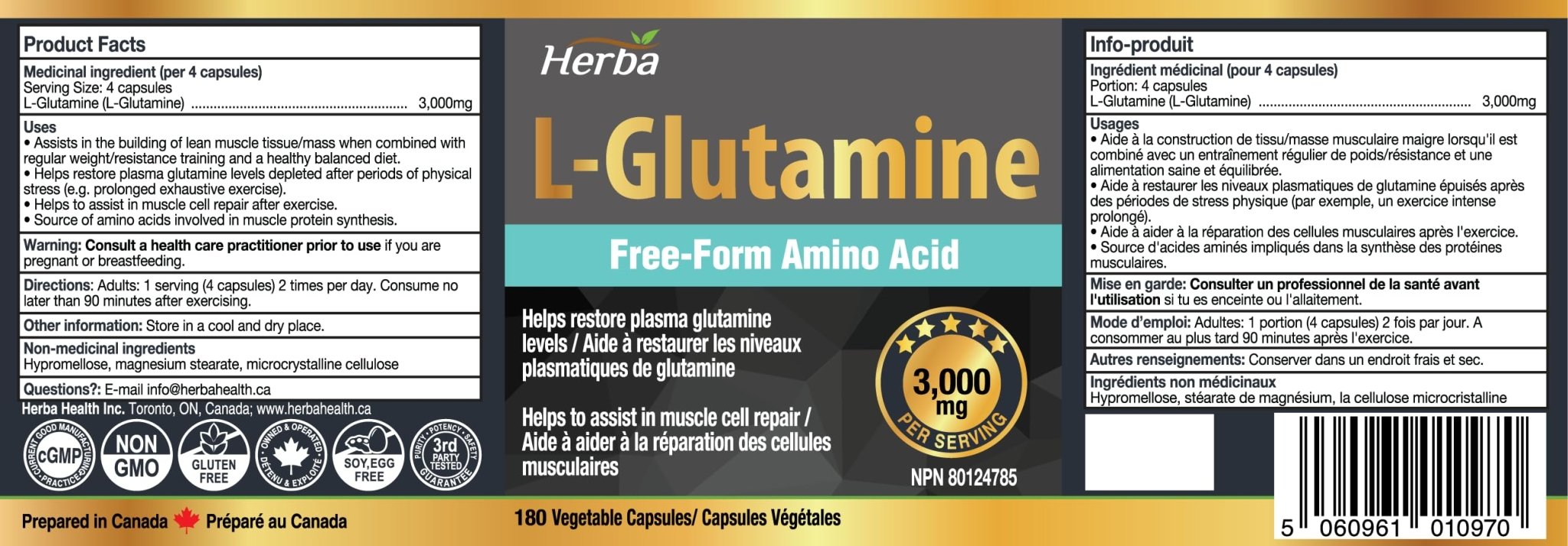 L - Glutamine Capsules 750mg – 180 Vegetable Capsules | 3,000mg Per Serving - Herba