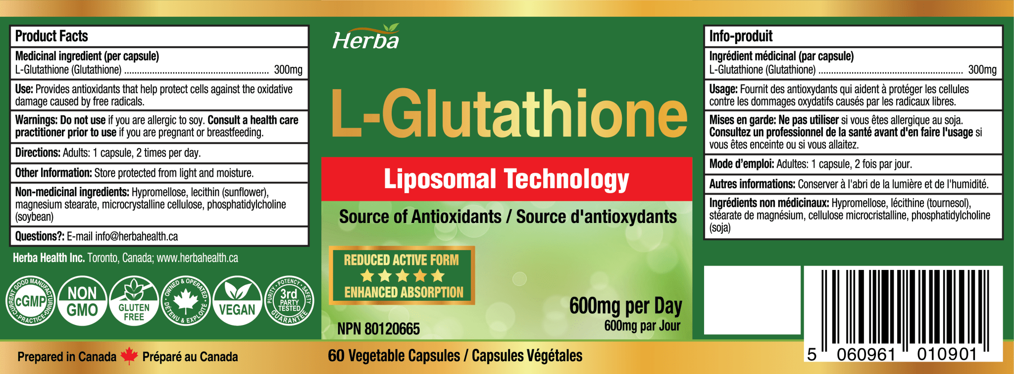 Liposomal Glutathione Supplement - 600mg Per Day | 60 Vegetable Capsules - Herba