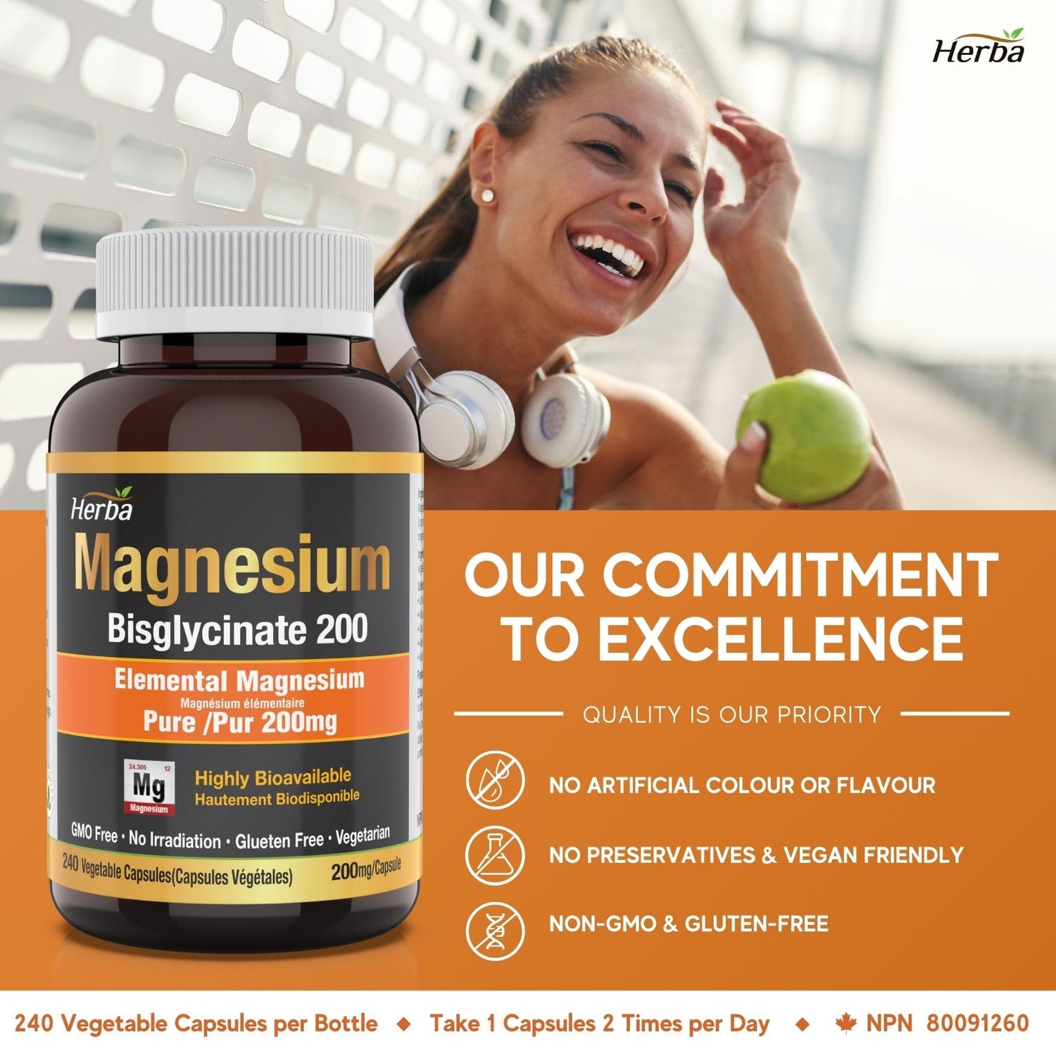 Magnesium Bisglycinate 200mg - 240 Vegetable Capsules - Herba