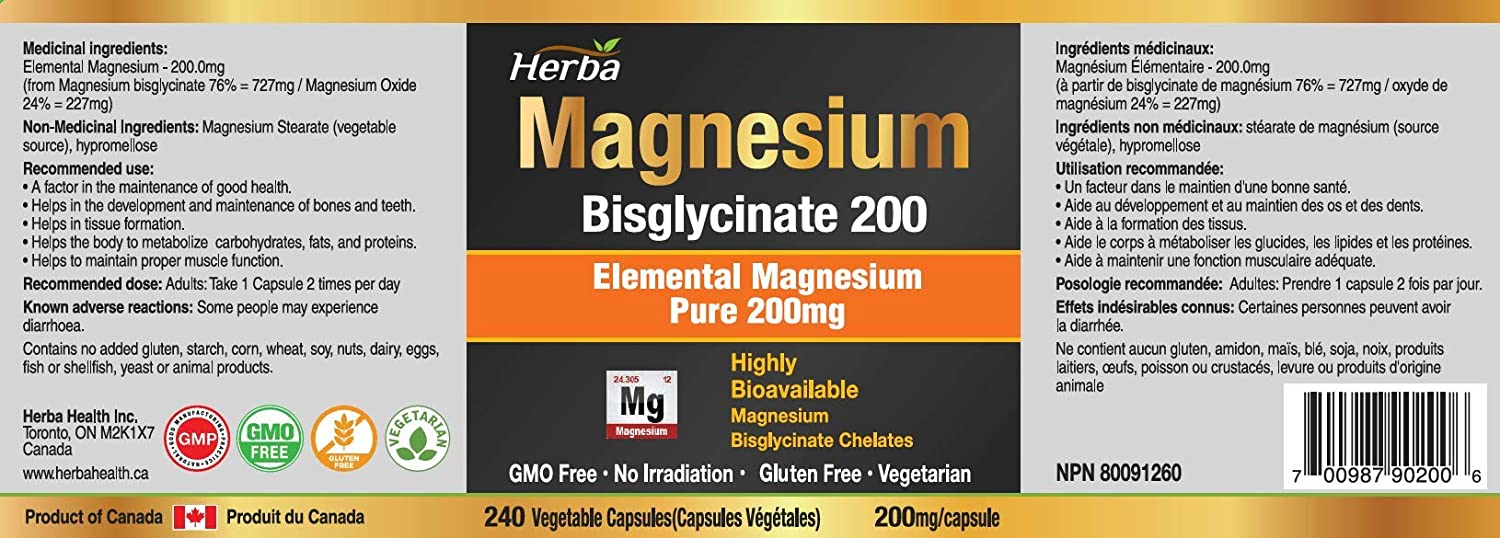 Magnesium Bisglycinate 200mg - 240 Vegetable Capsules - Herba