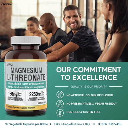 Magnesium L - Threonate Supplement – 186mg | Made in Canada | 90 Vegetable Capsules - Herba