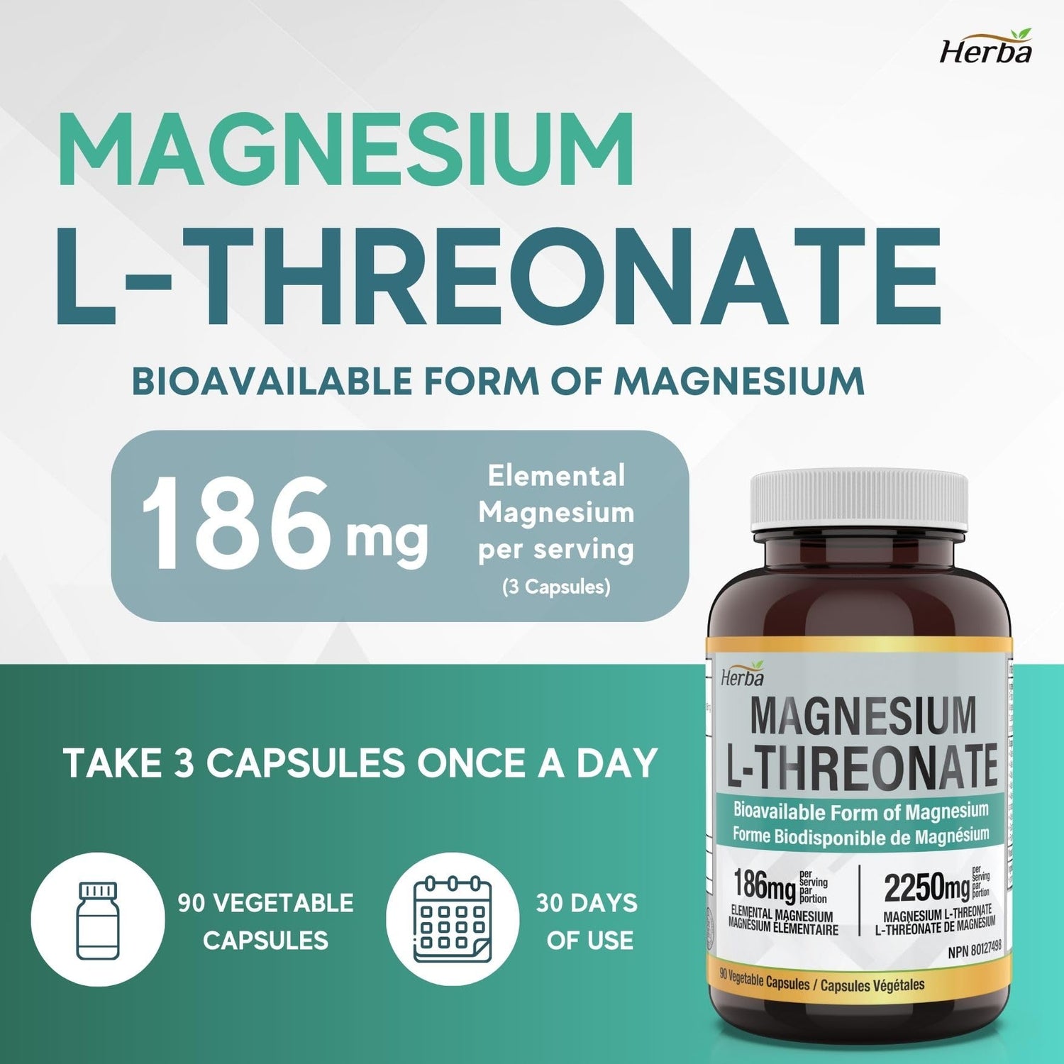 Magnesium L - Threonate Supplement – 186mg | Made in Canada | 90 Vegetable Capsules - Herba