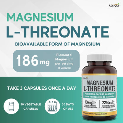 Magnesium L - Threonate Supplement – 186mg | Made in Canada | 90 Vegetable Capsules - Herba