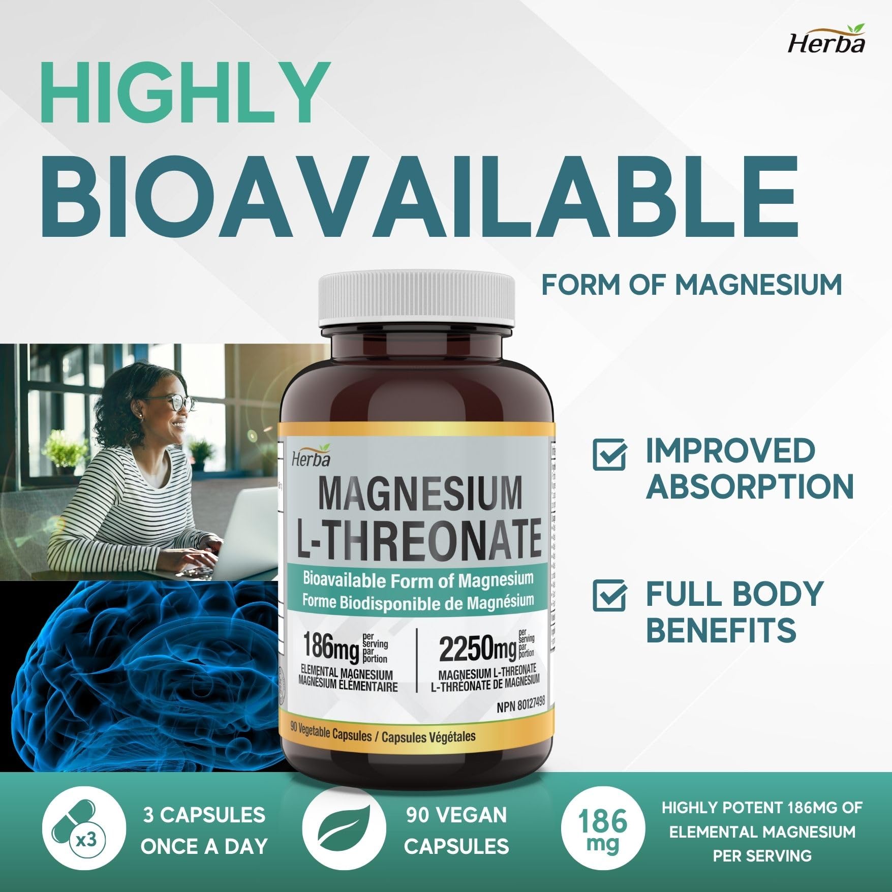 Magnesium L - Threonate Supplement – 186mg | Made in Canada | 90 Vegetable Capsules - Herba