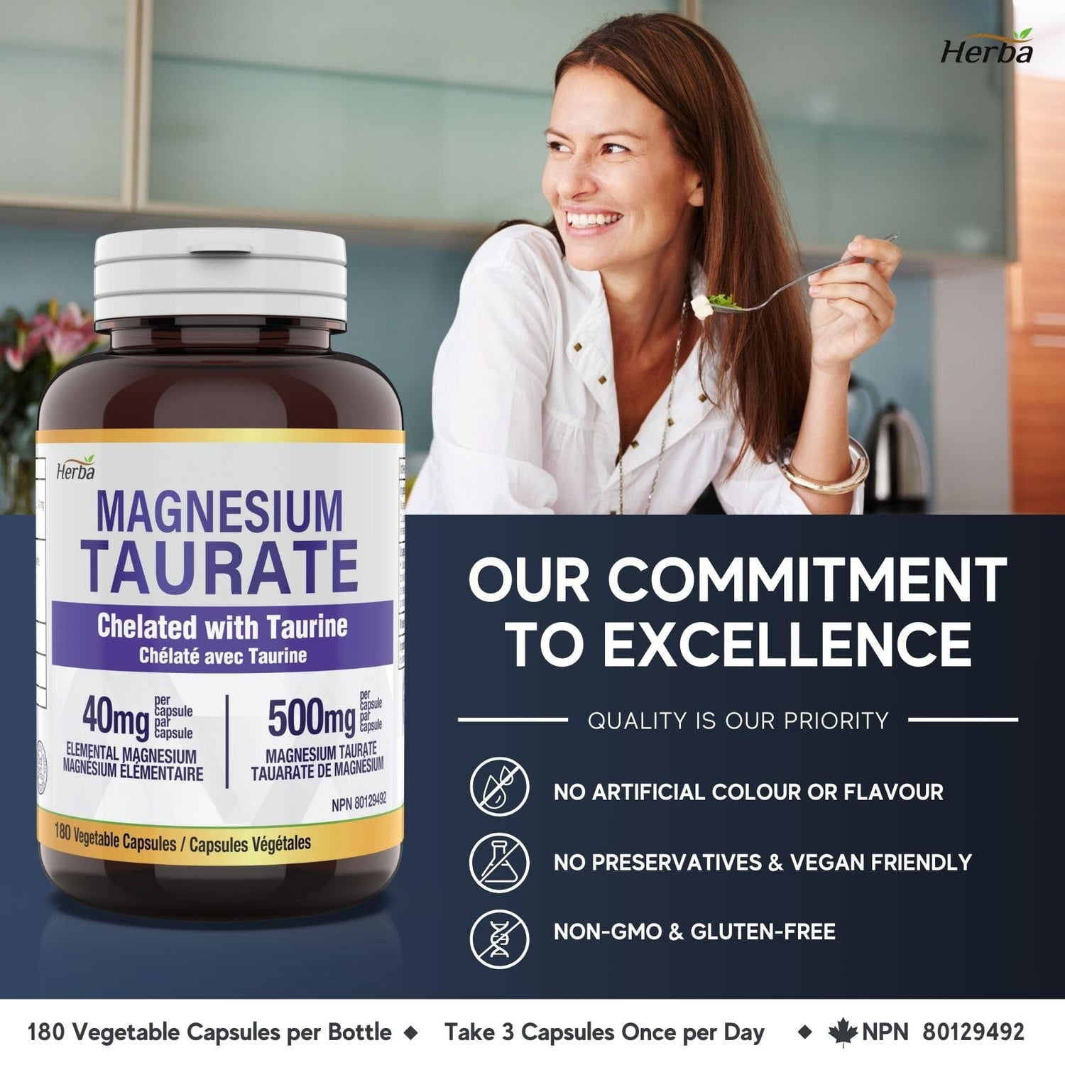 Magnesium Taurate Supplement 500mg - 180 Capsules | Made in Canada - Herba