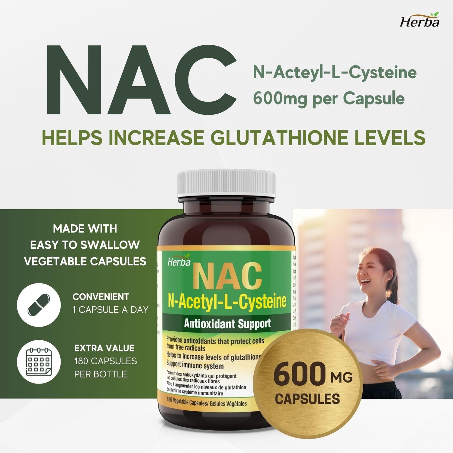 NAC Supplement 600 mg - 180 Capsules | N - Acetyl - L - Cysteine - Herba