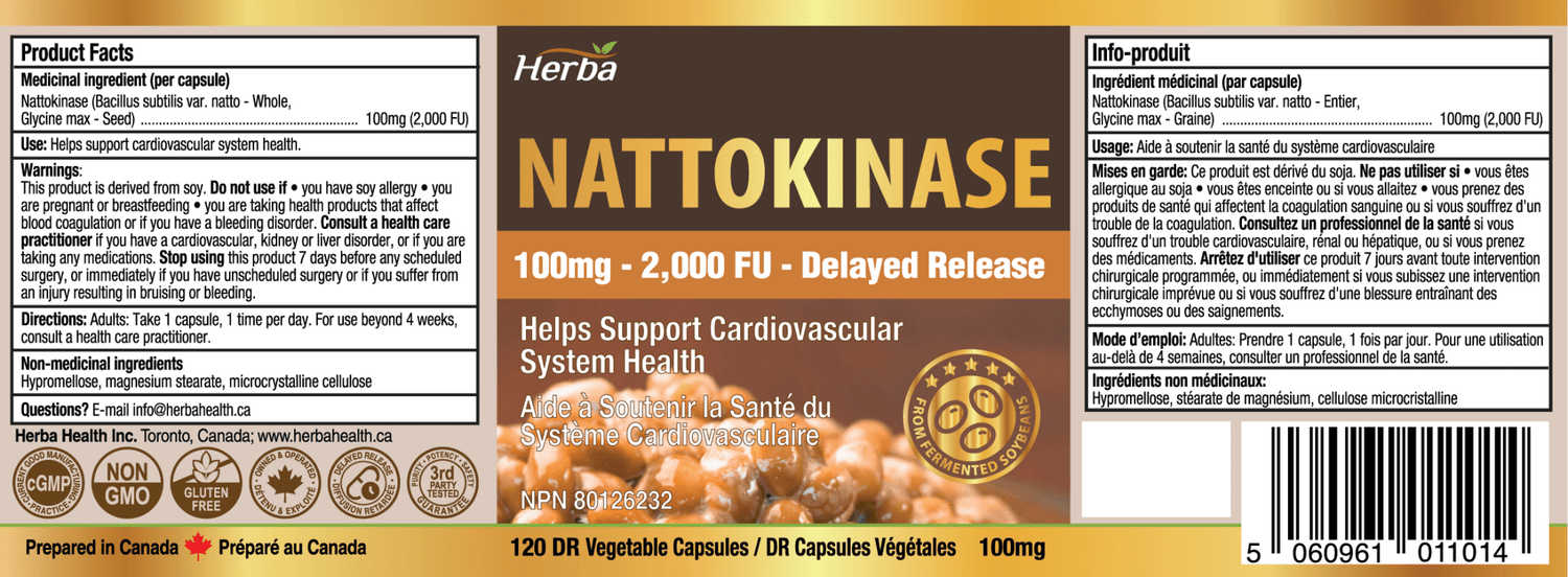 Nattokinase Supplement 2000 FU – 100mg, 120 Delayed Release Capsules - Herba