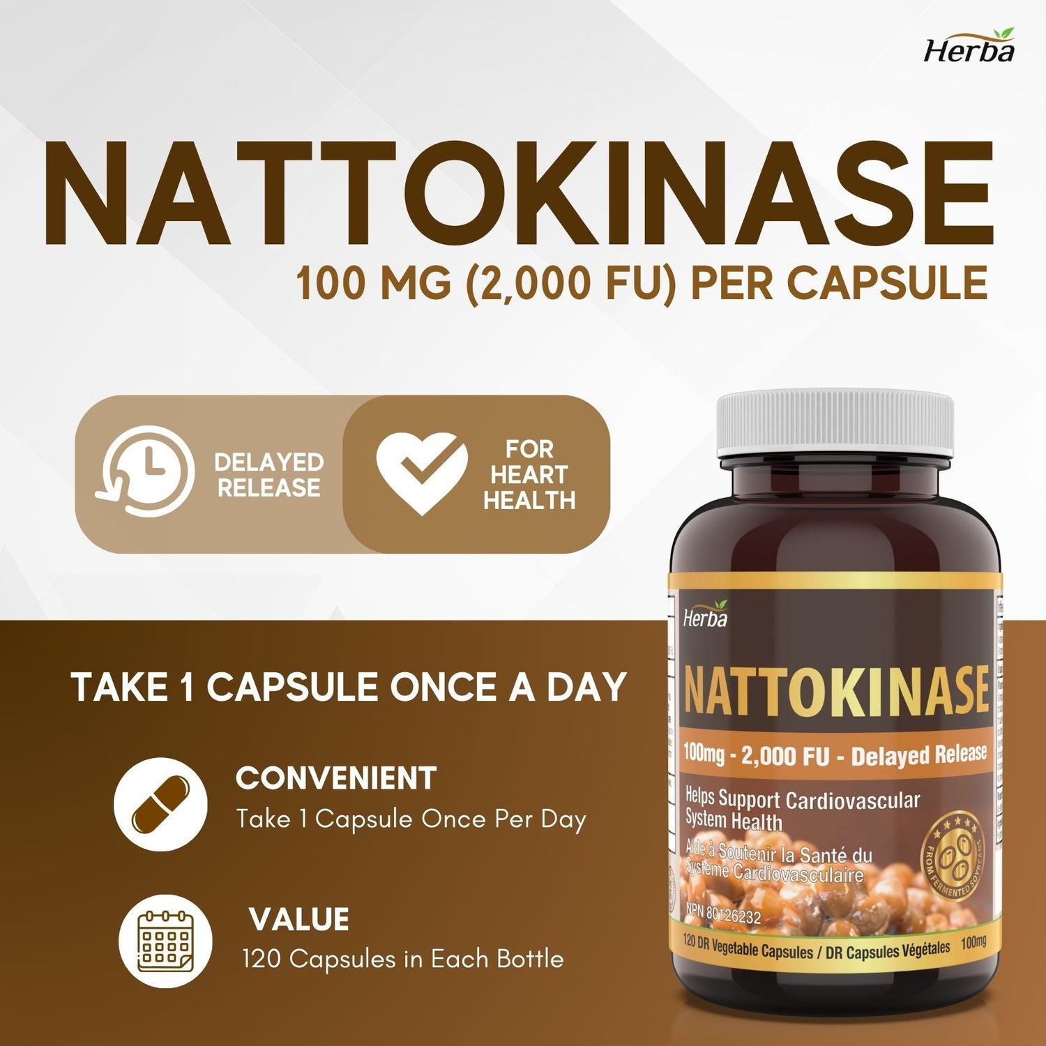 Nattokinase Supplement 2000 FU – 100mg, 120 Delayed Release Capsules - Herba