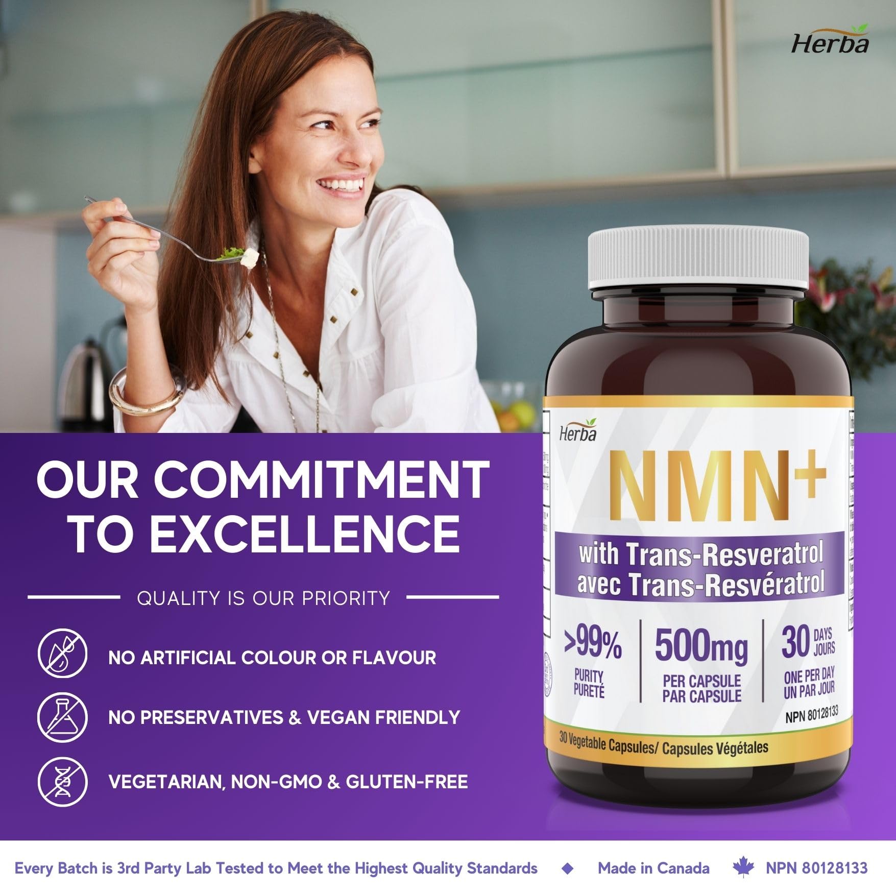 NMN Supplement + Resveratrol - 600mg | Made in Canada | 30 Vegetable Capsules - Herba