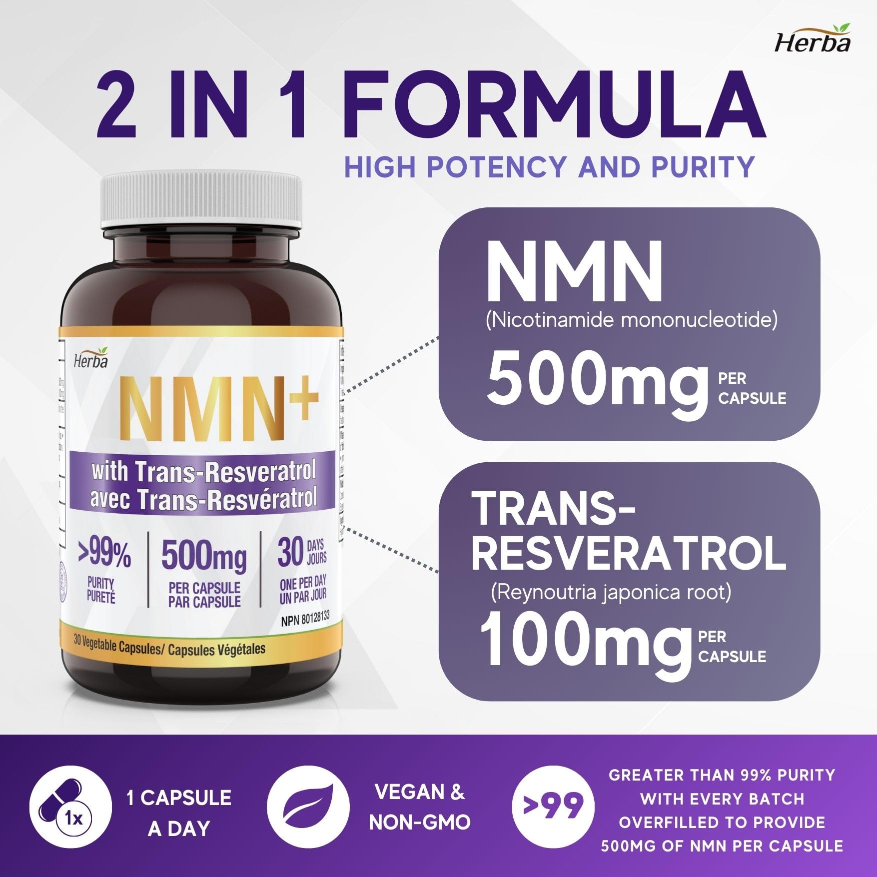 NMN Supplement + Resveratrol - 600mg | Made in Canada | 30 Vegetable Capsules - Herba