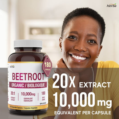 Organic Beet Root Supplement - 180 Capsules | 10,000mg Equivalent - 20:1 Extract Beetroot | Made in Canada - Herba