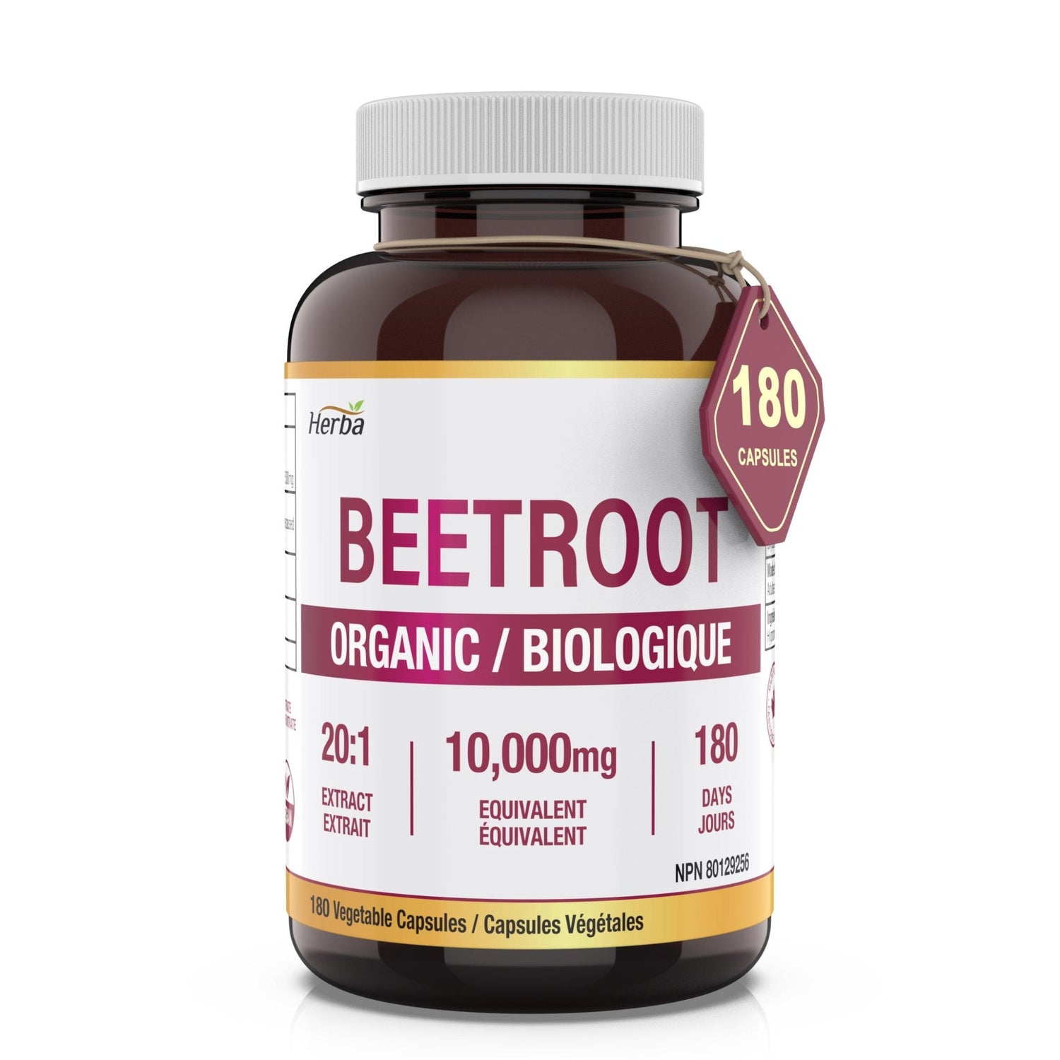 Organic Beet Root Supplement - 180 Capsules | 10,000mg Equivalent - 20:1 Extract Beetroot | Made in Canada - Herba