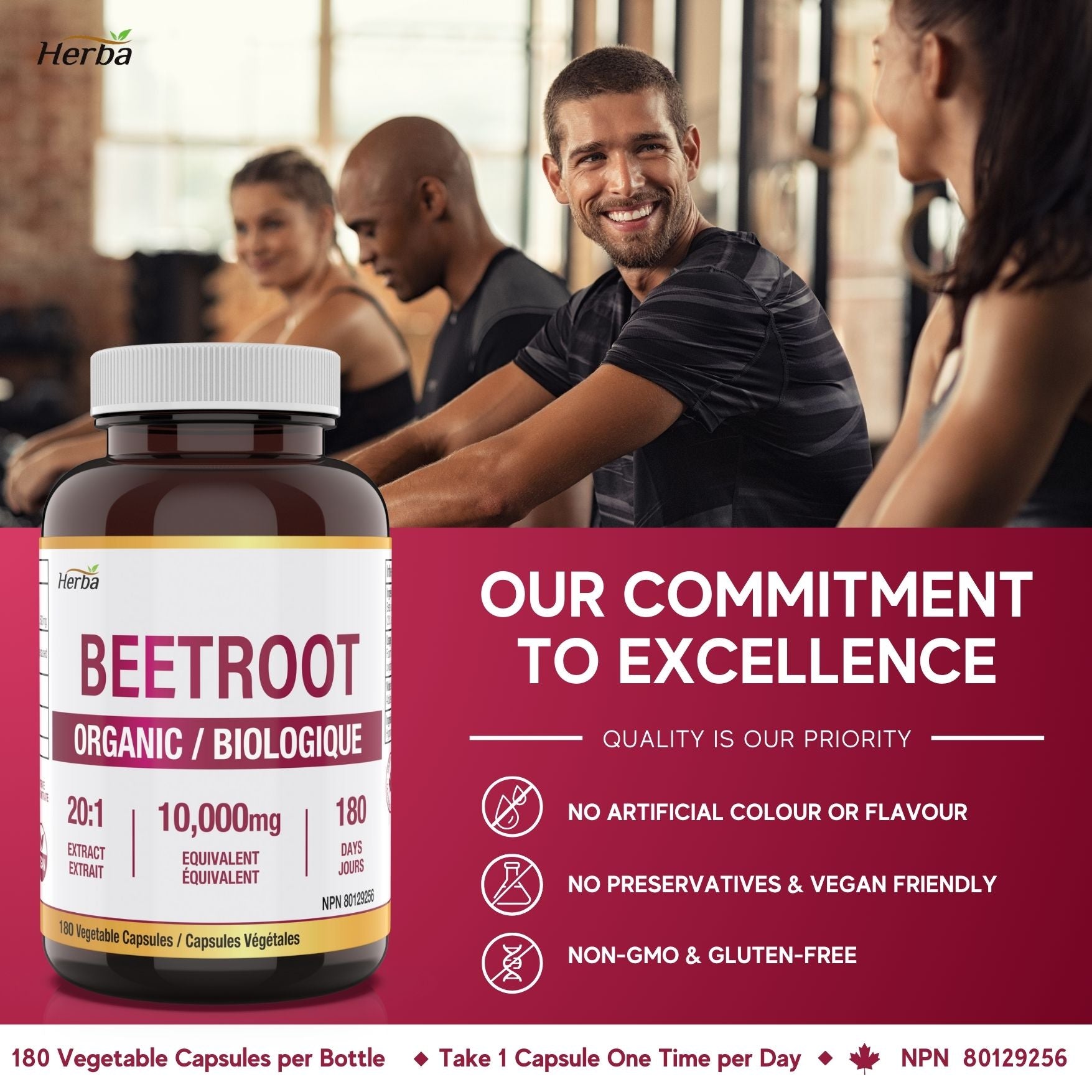 Organic Beet Root Supplement - 180 Capsules | 10,000mg Equivalent - 20:1 Extract Beetroot | Made in Canada - Herba