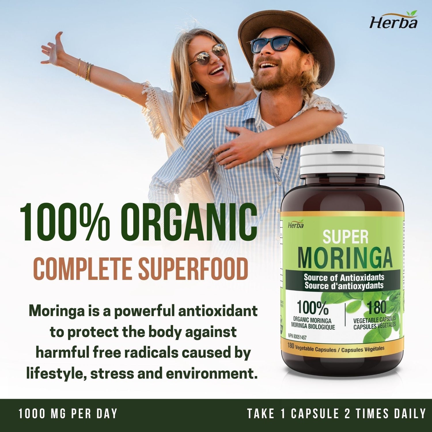 Organic Moringa Leaf Capsules - 180 Vegetable Capsules | 1000mg Per Day - Herba