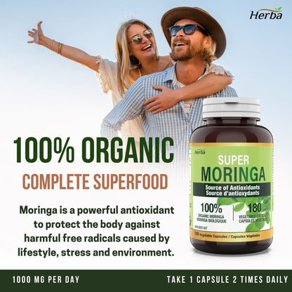 Organic Moringa Leaf Capsules - 180 Vegetable Capsules | 1000mg Per Day - Herba